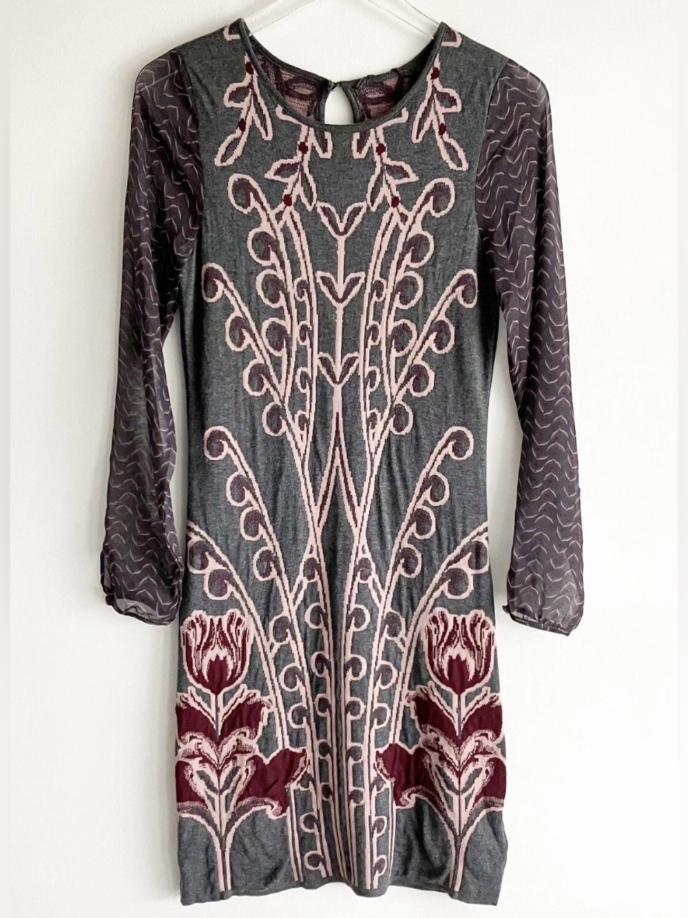 Gray Long-Sleeve Embroidered Floral Knit Dress — Pink & Burgundy Accents